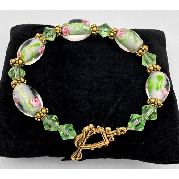 Springtime Lampwork Glass Bead Gold Tone Green Pink Rose Toggle Bracelet 6.5 - Picture 1 of 8